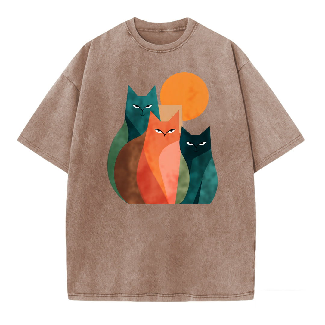 Vintage Abstract Cat Art Print Washed T-Shirt