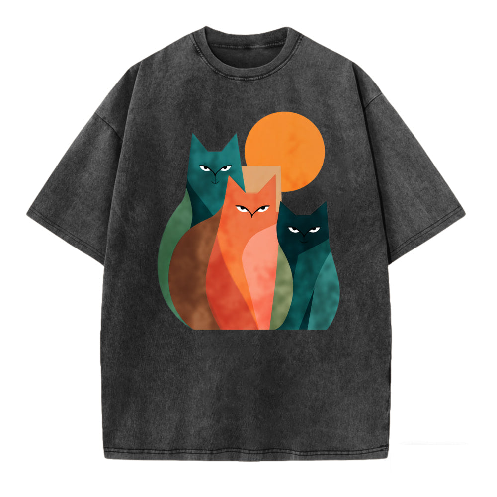 Vintage Abstract Cat Art Print Washed T-Shirt